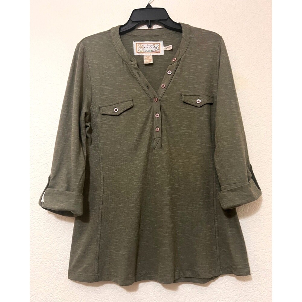 ADVENTURA Olive Green Henley Top Organic Cotton/Hemp Roll Tab 3/4 Sleeves Medium